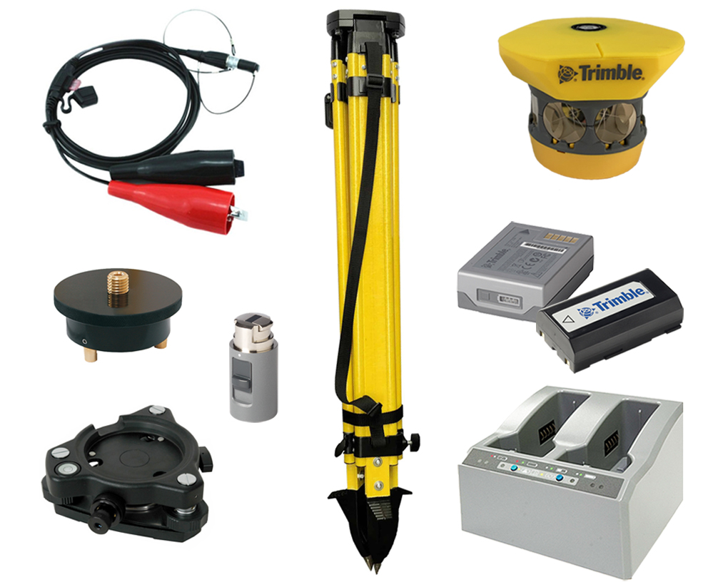 Trimble and Seco Accessories for GPS and Totals Stations, including batteries, prisms, radio antennas, chargers, survey poles and clamps