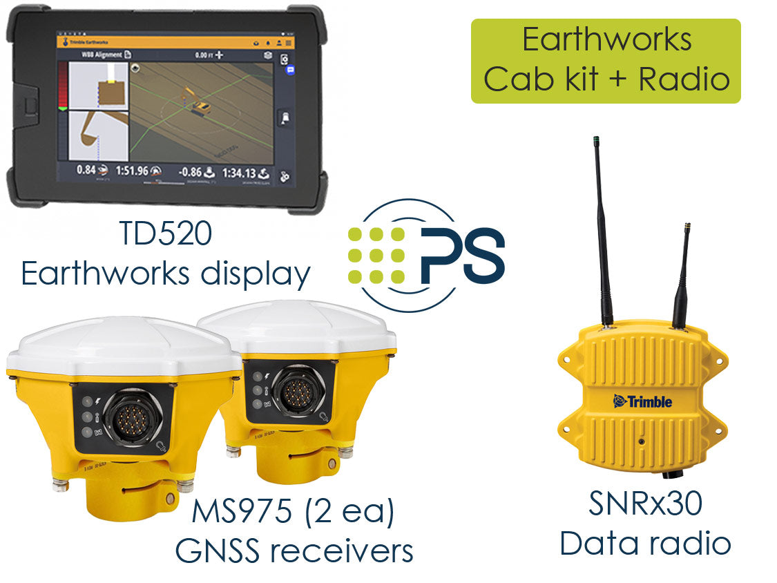 Items included in Earthworks package are TD520 display, 2 each MS975 GNSS receivers and SNR data radio