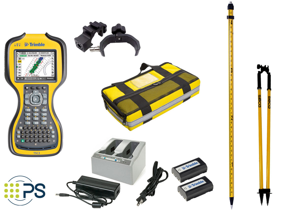SPS985 package includes: TSC3 with SCS900, TSC3 pole clamp, soft case, battery chargers, batteries, survey rod, bipod