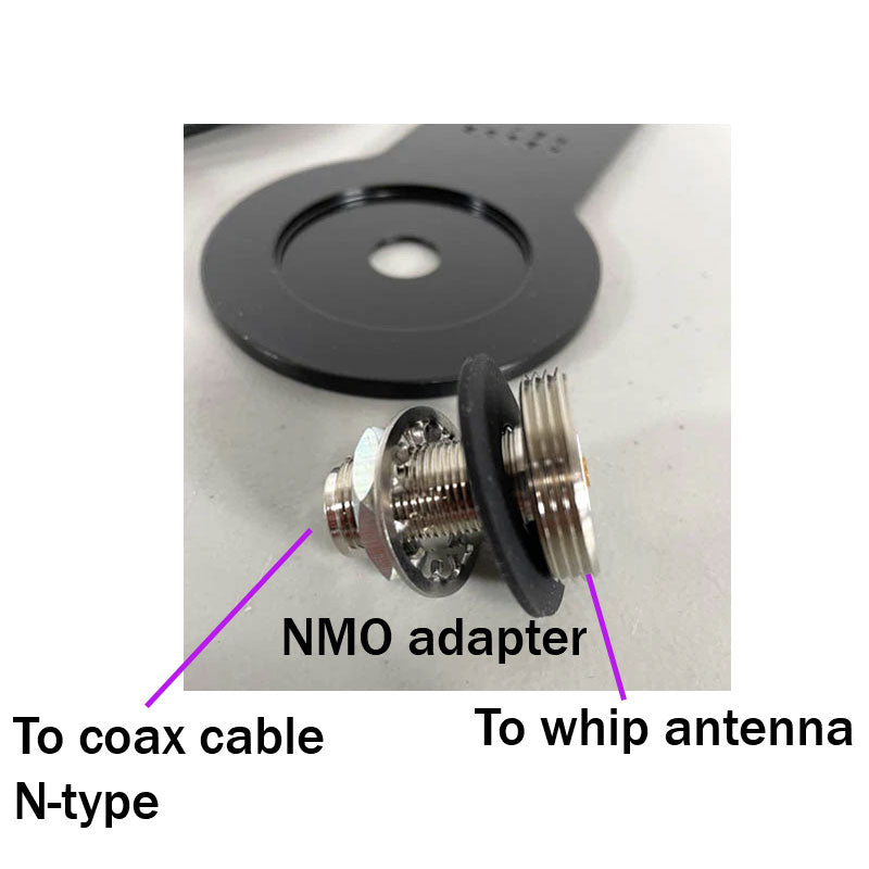 NMO adapter connects the N-type cable end to the whip antenna (for Trimble UHF radios)