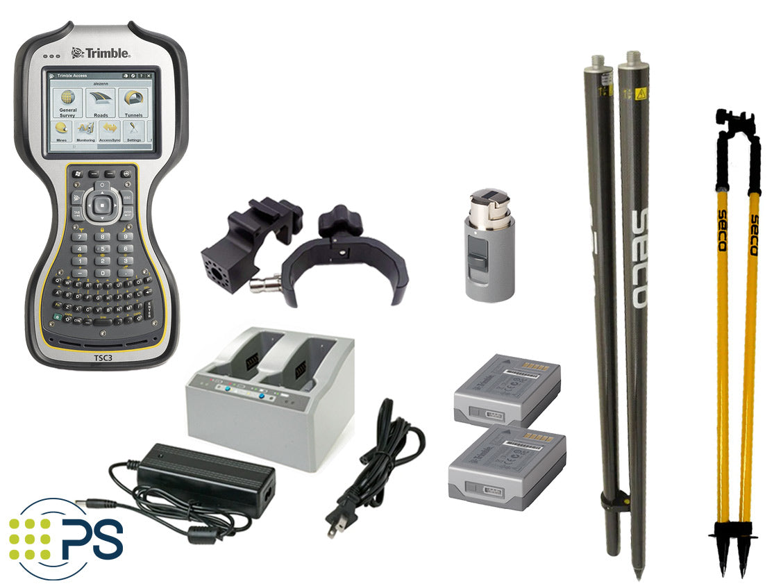 Included items: TSC3, TSC3 clamp, Dual bay charger, R10 batteries, 2 meter survey pole and bipod