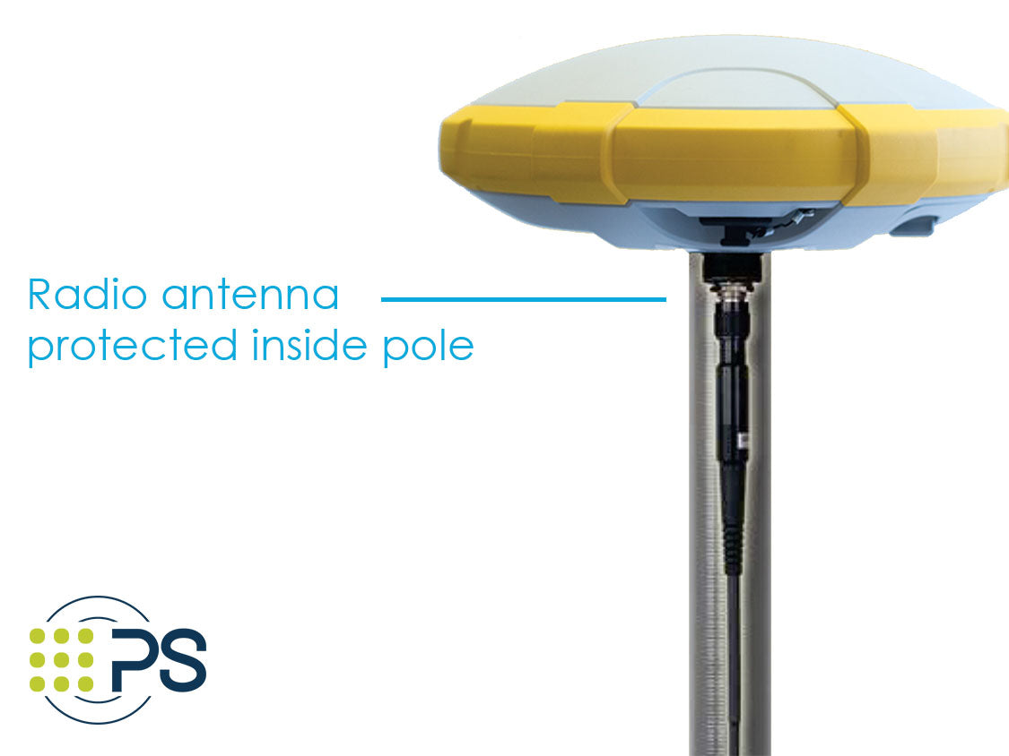 R4s has a bottom, center mount radio antenna which is protected by the specialized survey pole