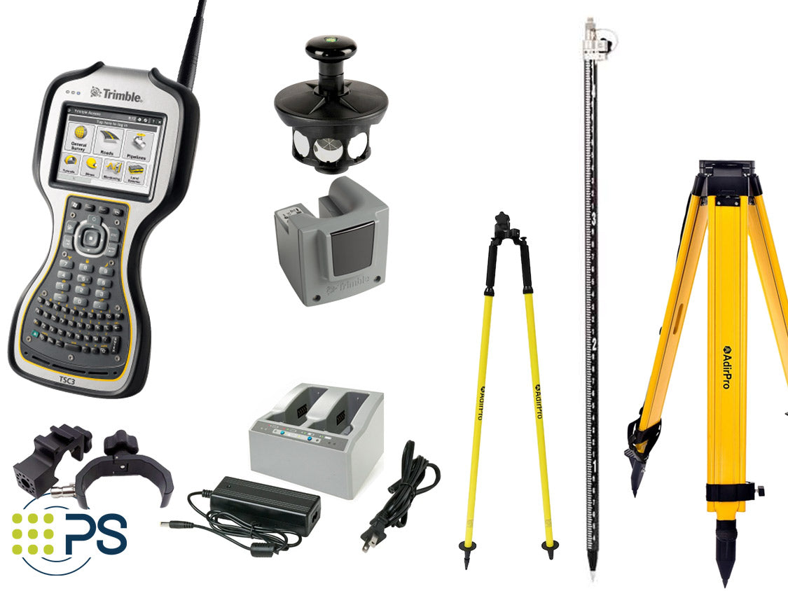 Included items: TSC3 with Access, 360 prism with target ID, tripod, charger, batteries, TSC3 pole clamp, Survey pole and bipod
