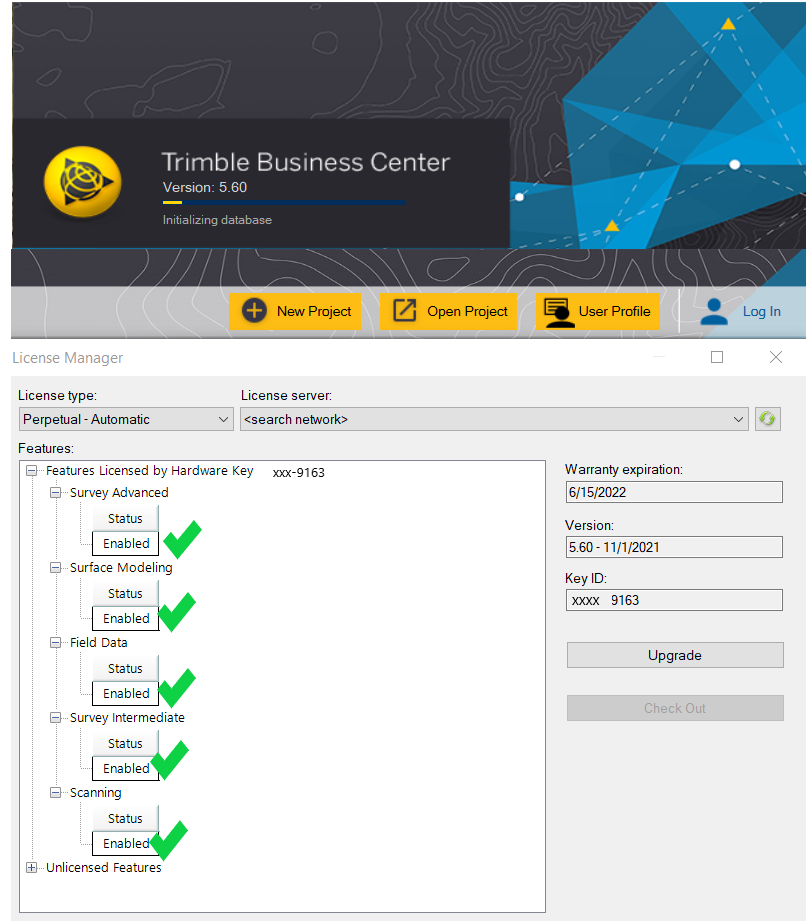 Trimble Business Center licensed features (Advanced with Scanning)