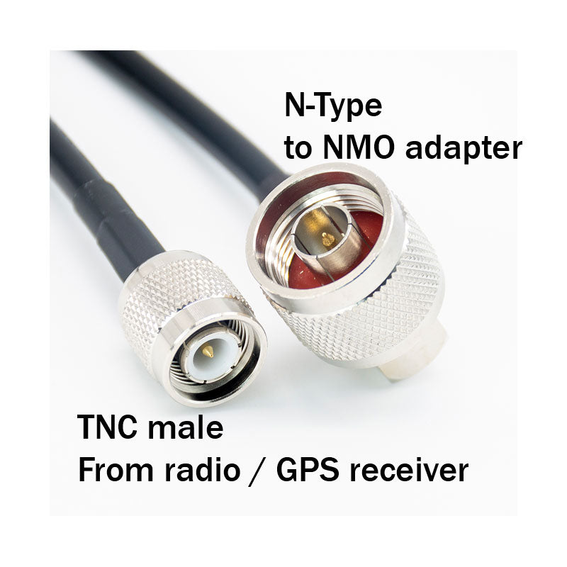 TNC male connector - connects to Trimble GPS receiver or TDL radio.  N-type connector goes to the NMO adapter.  The NMO adapter (no pictured) connects to the base of the whip antenna