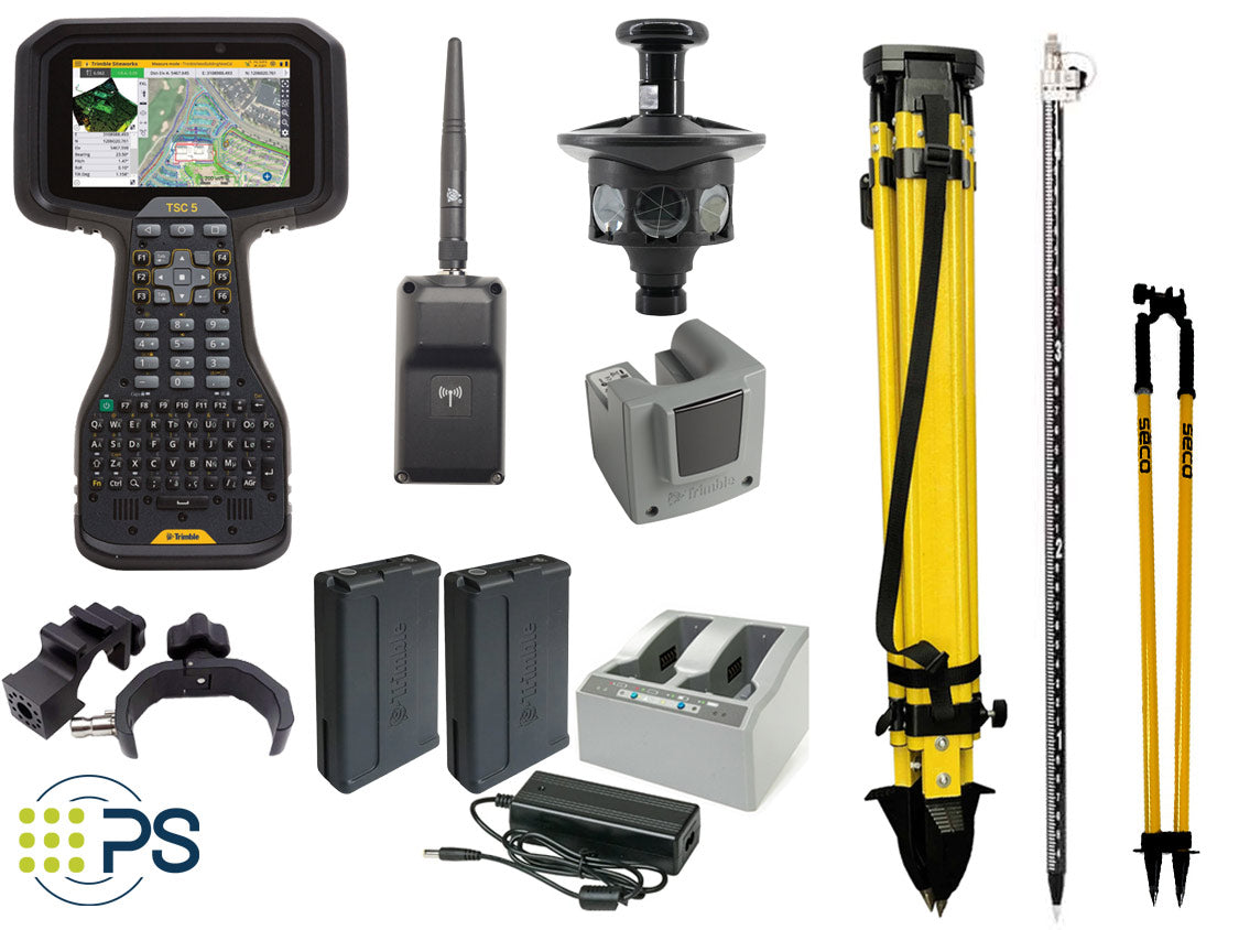 Trimble S5 with TSC5 basic accessory package includes TSC5, EM120, 360 prism with target ID, batteries, tripod, pole, bipod