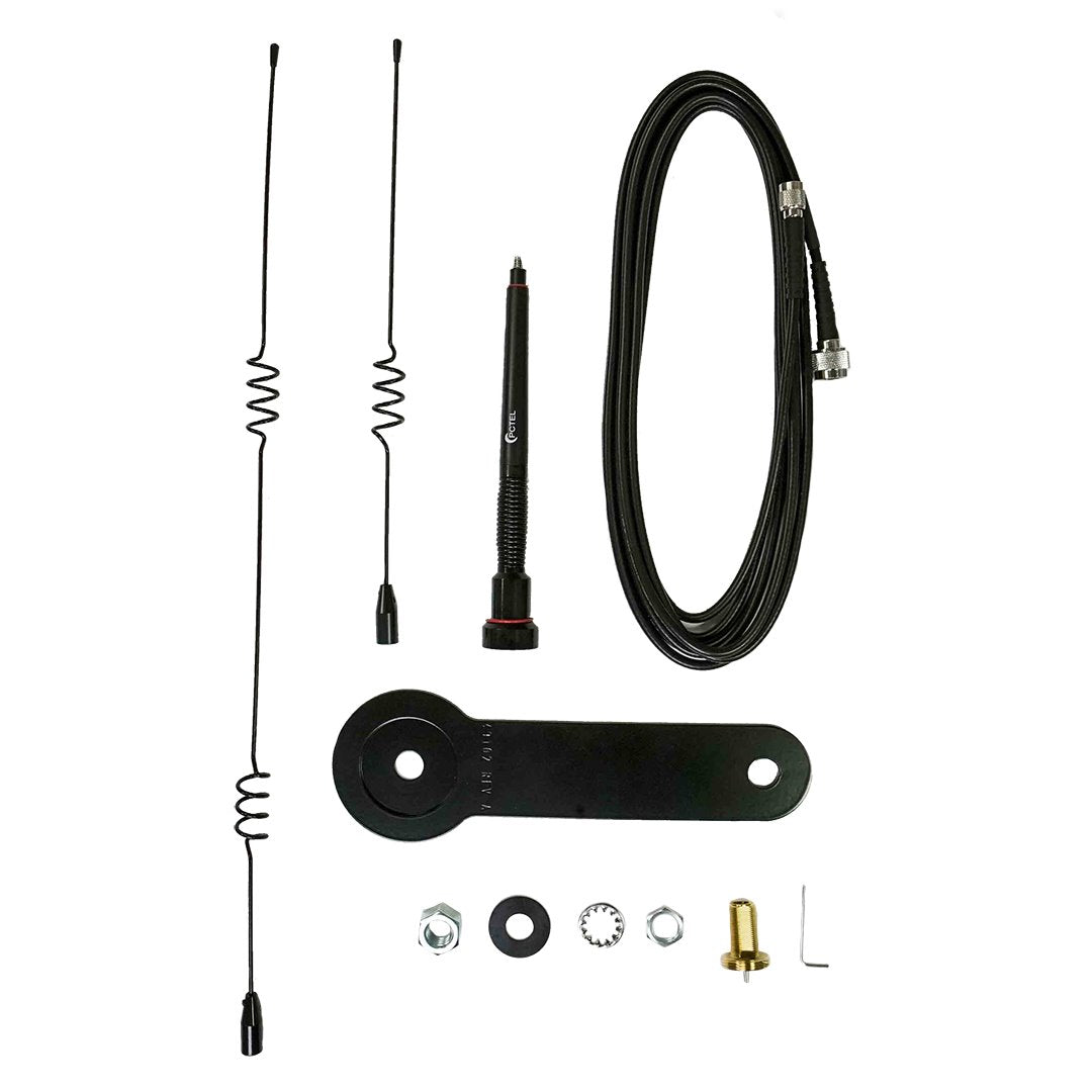 Long range 900 MHz external radio antenna kit for Trimble base stations including a coaxial cable, two whip antennas, a flexible antenna base, a tripod mount bracket, and connectors.