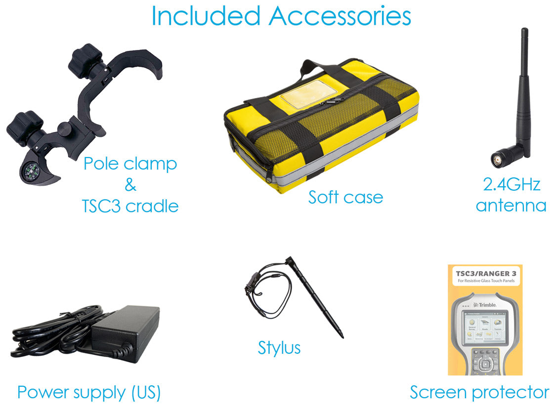 Accessories included with Ranger 3 kit, TSC3 pole clamp with compass, Ranger 5 soft case, 2.4GHz antenna, powers supply, stylus and screen protectors